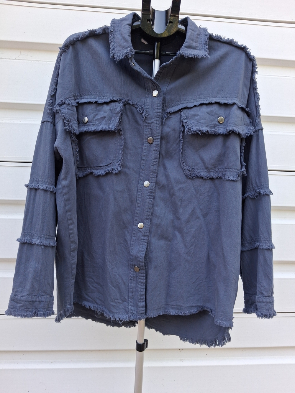 Elan Frayed-Trim Rock & Roll Distressed Raw Hem Jacket Shacket